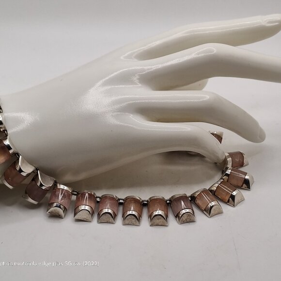 Vintage Sterling By Laura:   Sterling Tile and Moonstone Collar Necklace 14" - Picture 3 of 16